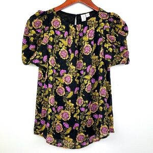 Joie short puff sleeve Floral Black and Purple Women's blouse size XS